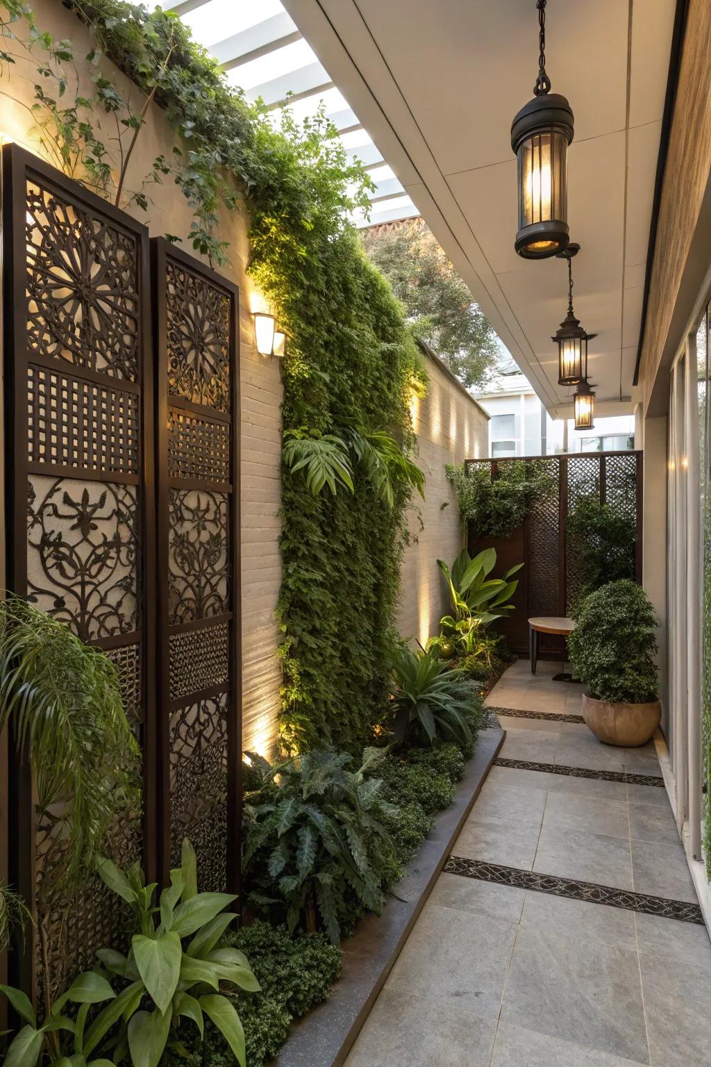 A small patio with vertical elements that offer both privacy and style.