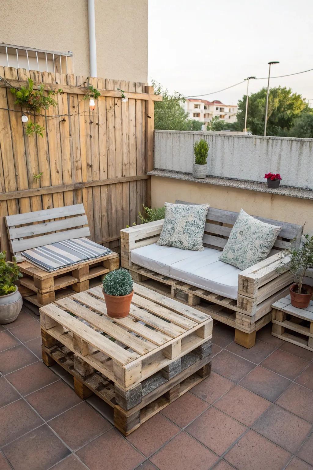 Innovative DIY pallet furniture for a unique patio design.