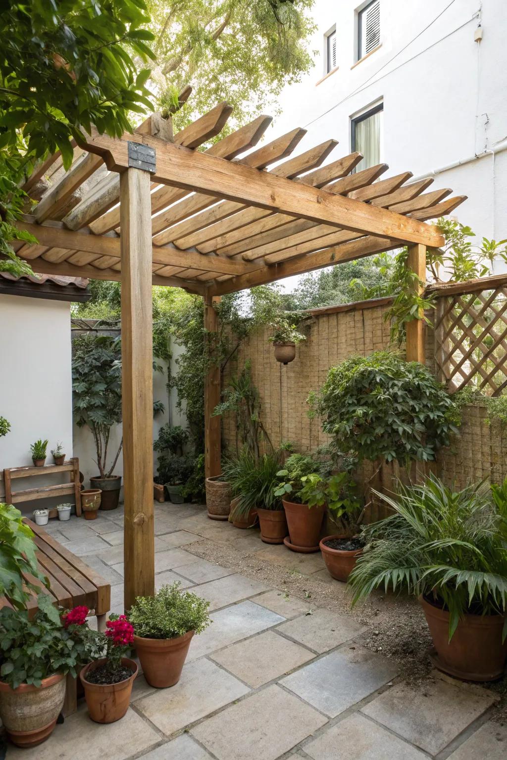 Natural wood pieces give a small pergola warmth and sophistication.