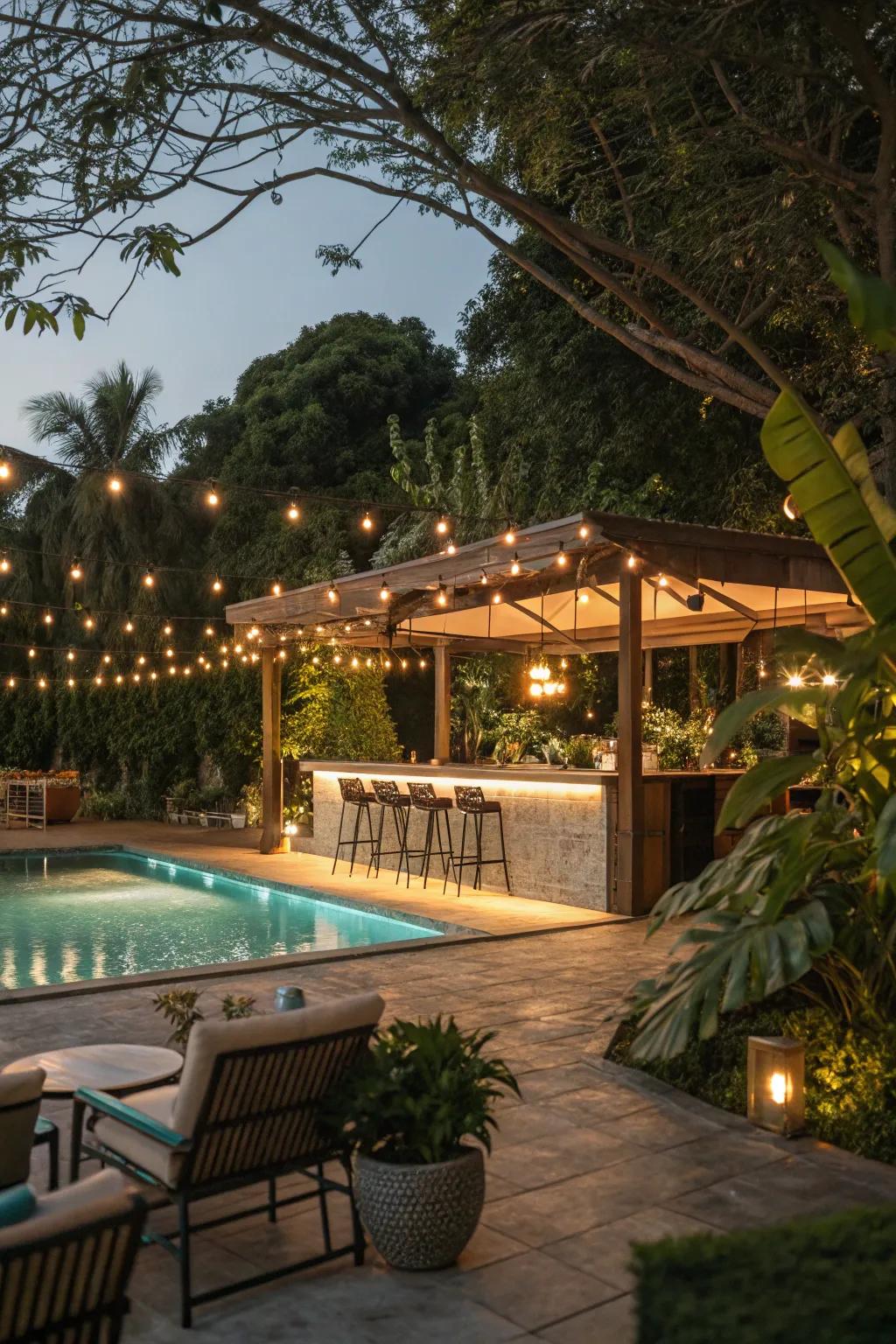 Comfort lighting turns your pool bar into a captivating night time getaway.