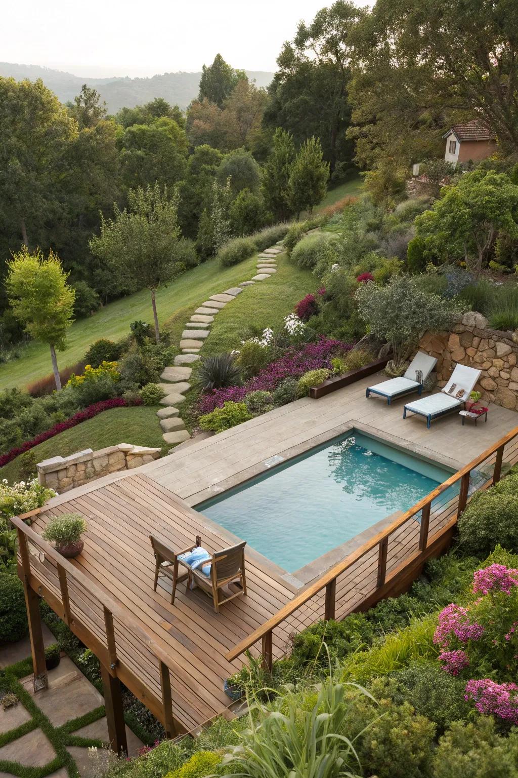 An above-ground pool featuring a platform, providing delightful garden vistas.