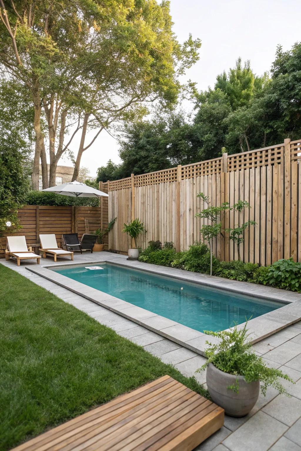 A wood privacy fence creates a secluded and intimate pool area.