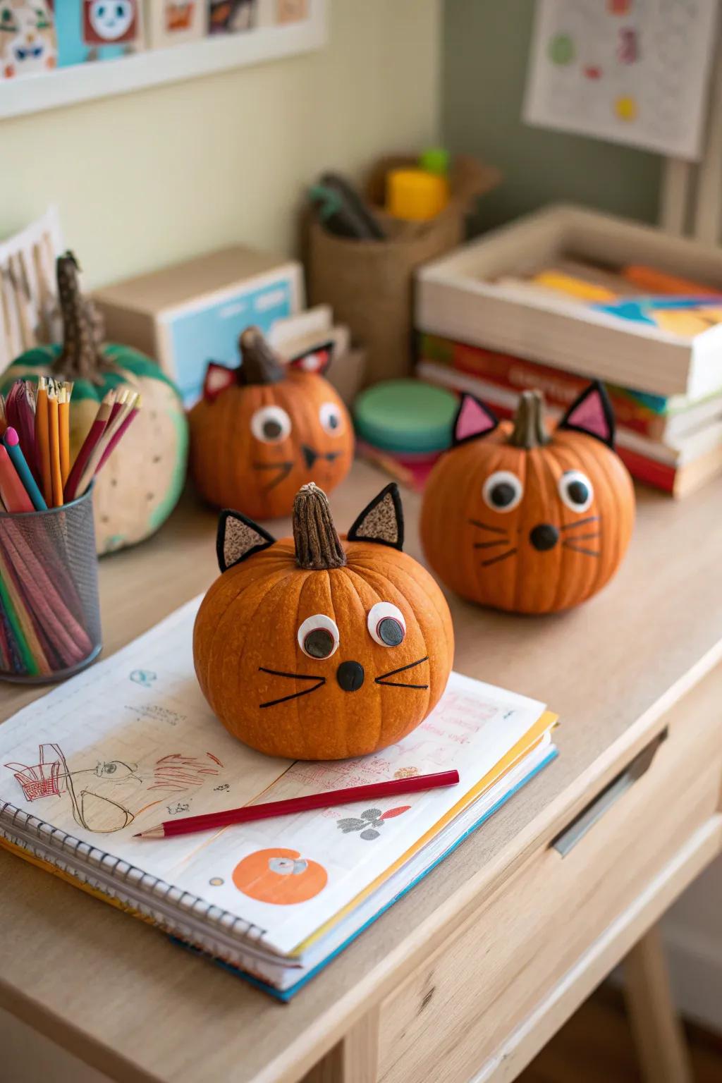 Pumpkins inspired by animals offer a playful charm wherever they're placed.