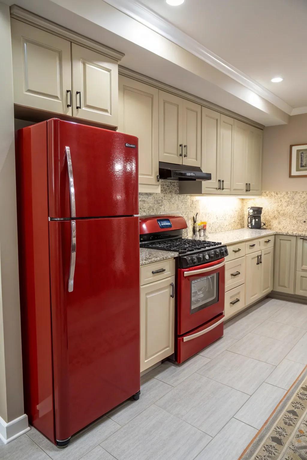 Red appliances function as both design elements and practical tools in a kitchen.