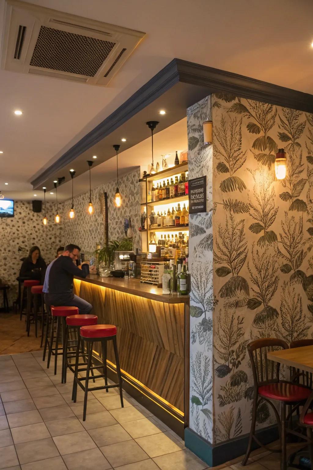 A striking highlight wall appends persona to a modest restaurant bar.