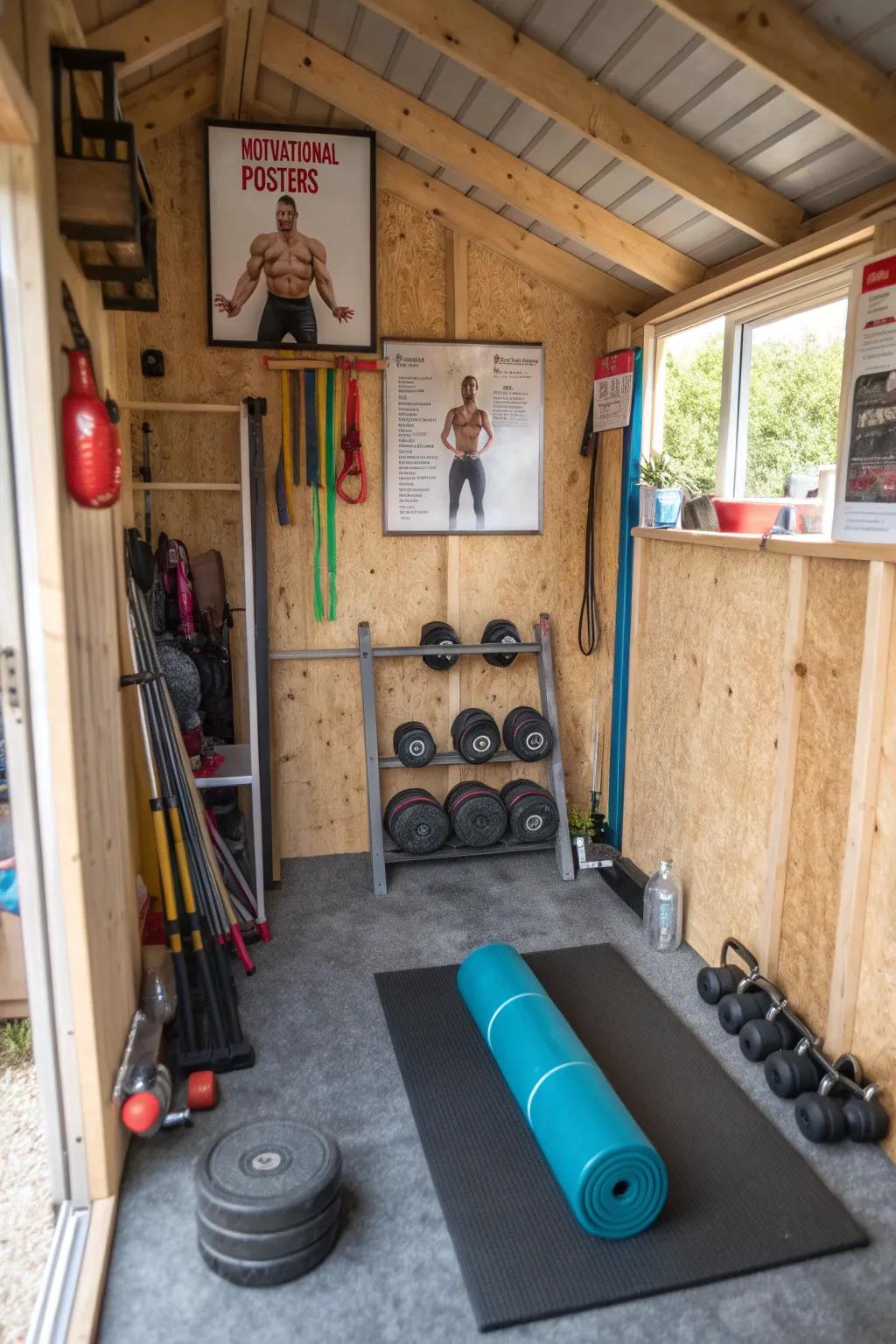 A small home gym arrangement inside a small shed.
