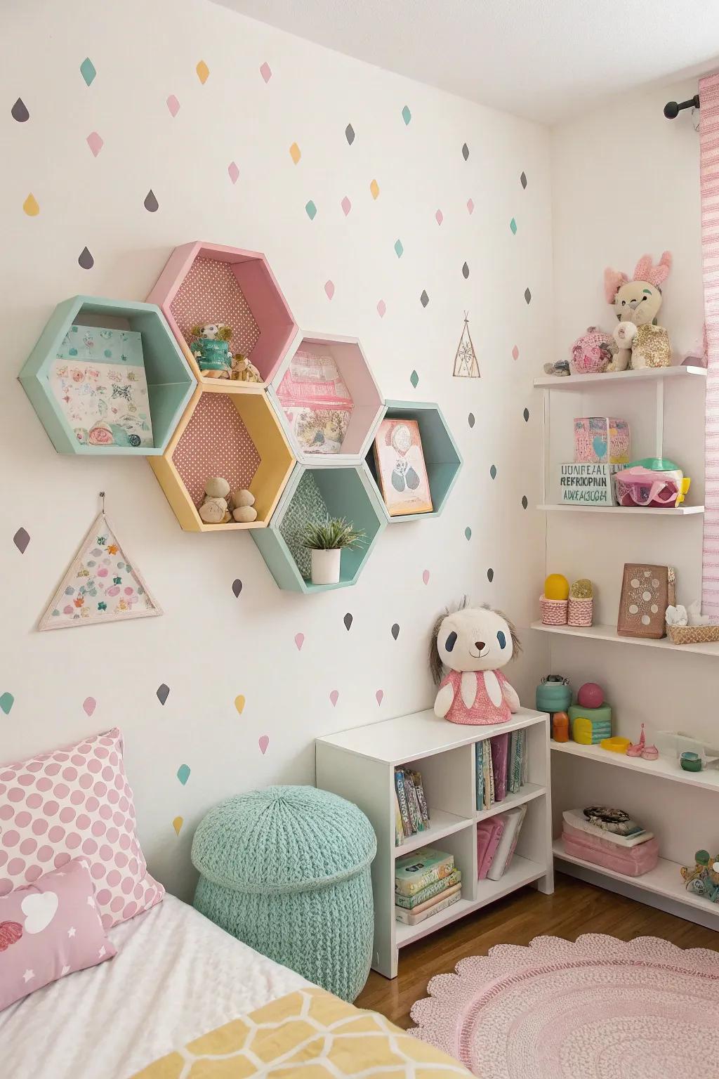 Geometric wall accents add style and purpose.