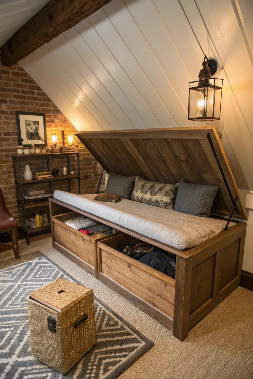A storage bench is both useful and inviting in a slanted attic.