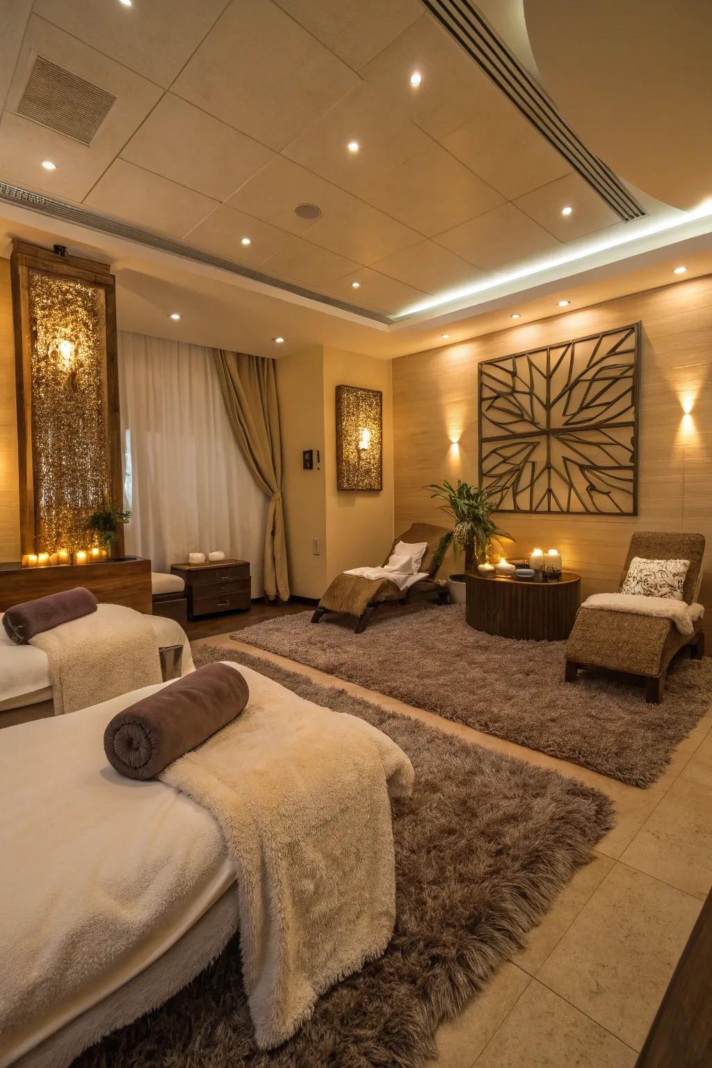 Comfortable fabrics with rugs and blankets in a spa space