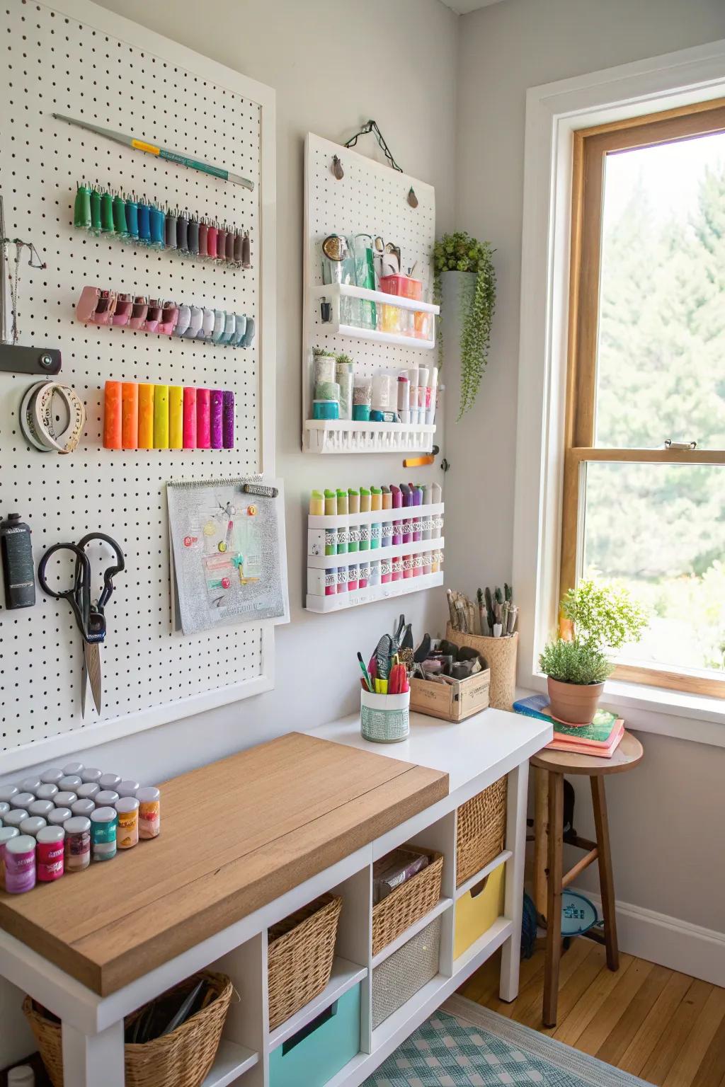 A pegboard in a craft area offers flexible storage for supplies.