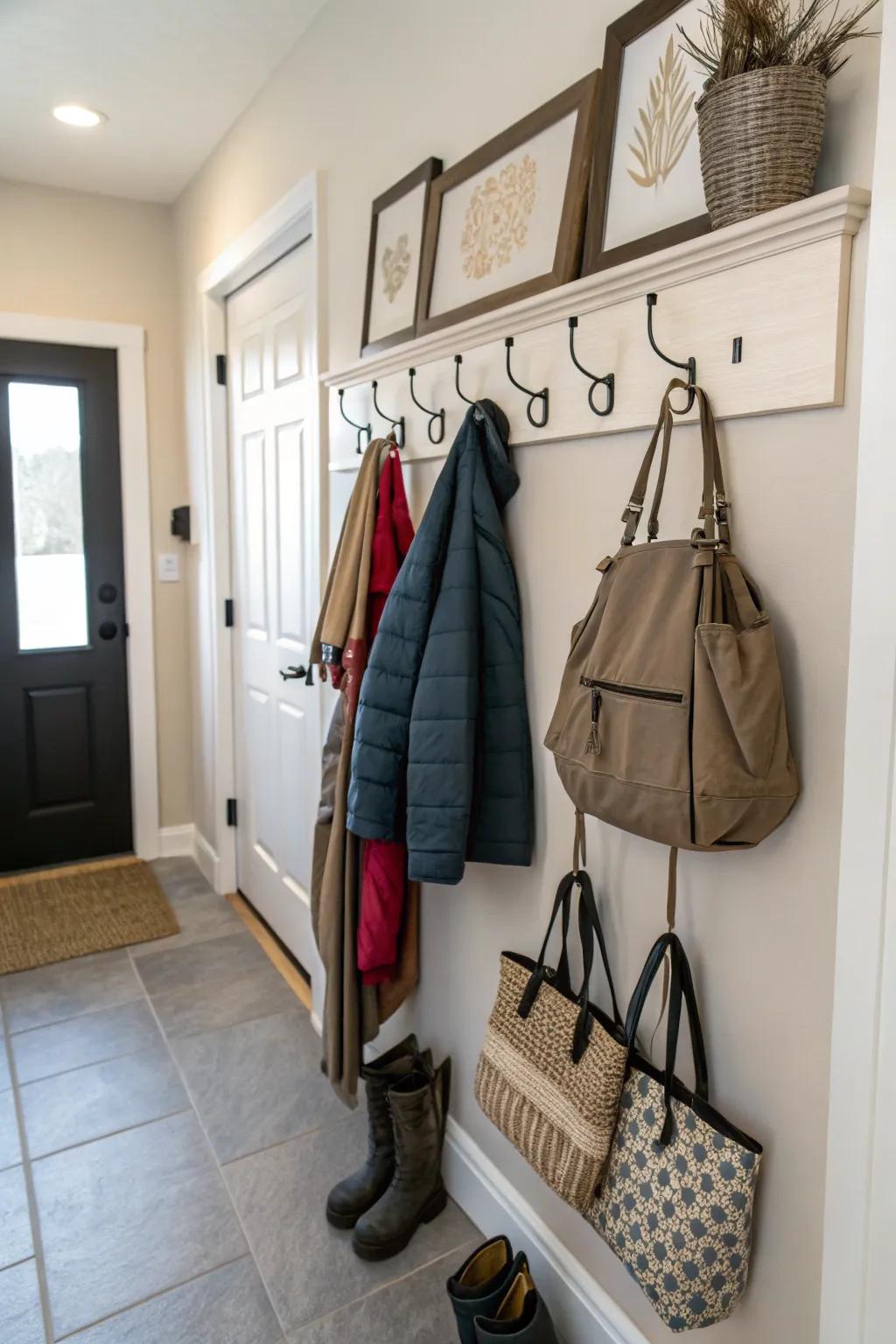 Wall-mounted hooks provide practical storage alternatives.