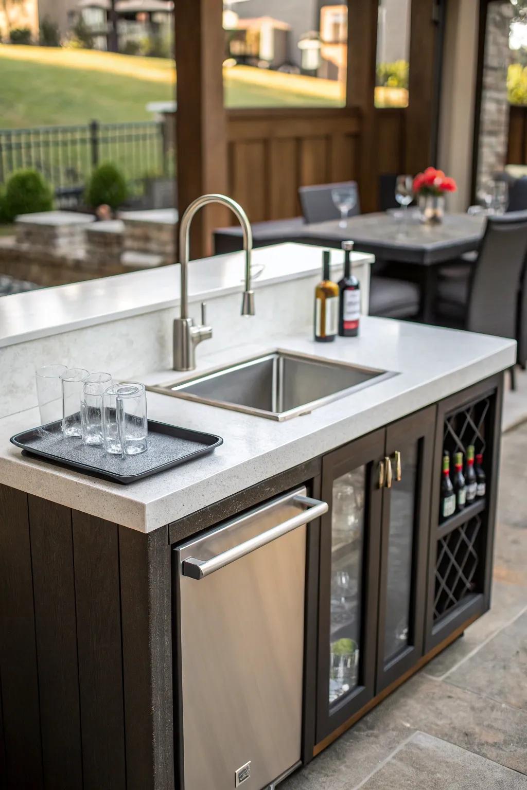 A modern integrated sink included in a compact wet bar adds functionality.