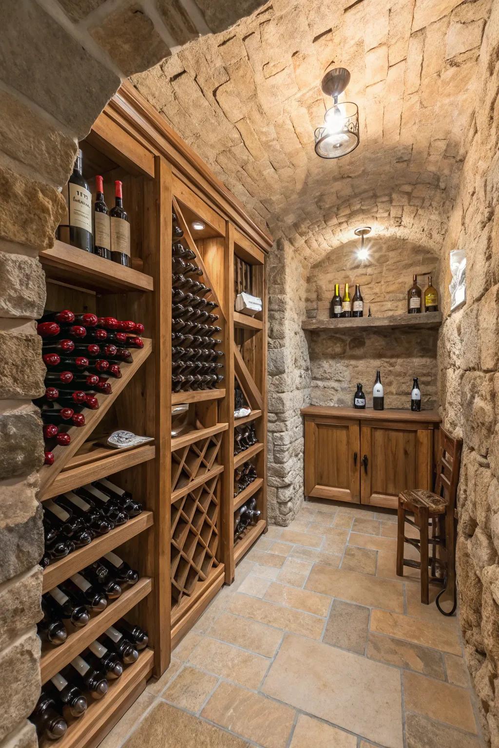 Rock facades introduce a rustic allure to wine storage areas.