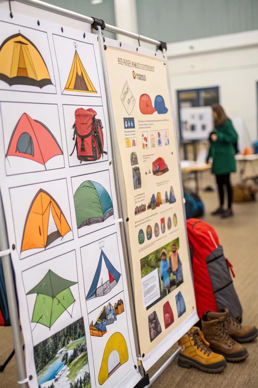 Pictures of tents and camping stuff add a sense of adventure.