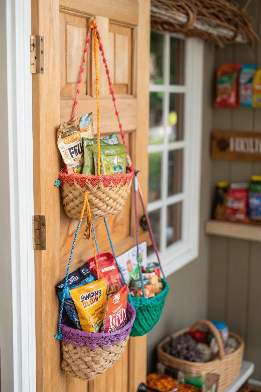 Suspended hampers provide easy reach and conserve space.