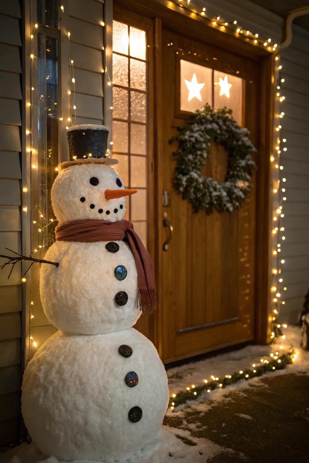 Twinkling lights bring your snowman to life with a festive glow.