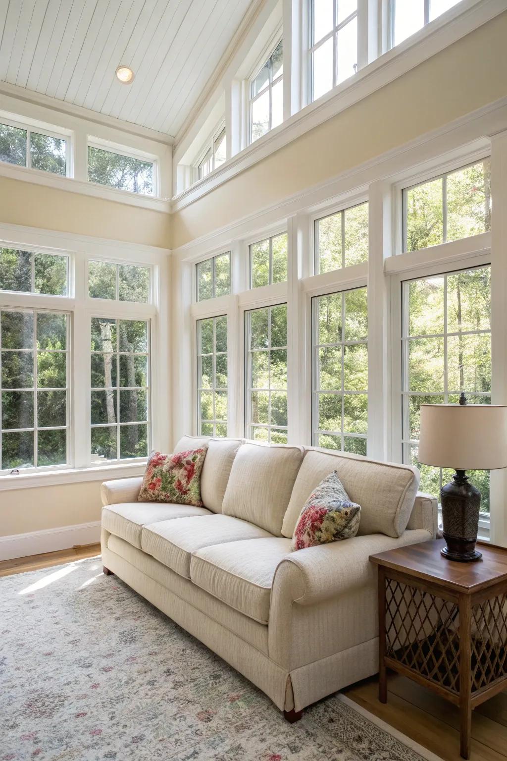 A light-colored sofa brings an airy ambiance to a compact living room.