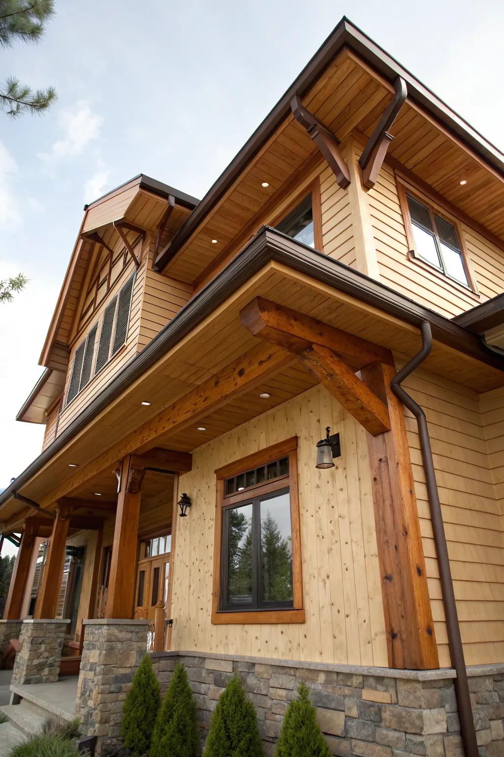 Natural wood soffit and fascia add rustic charm and warmth.