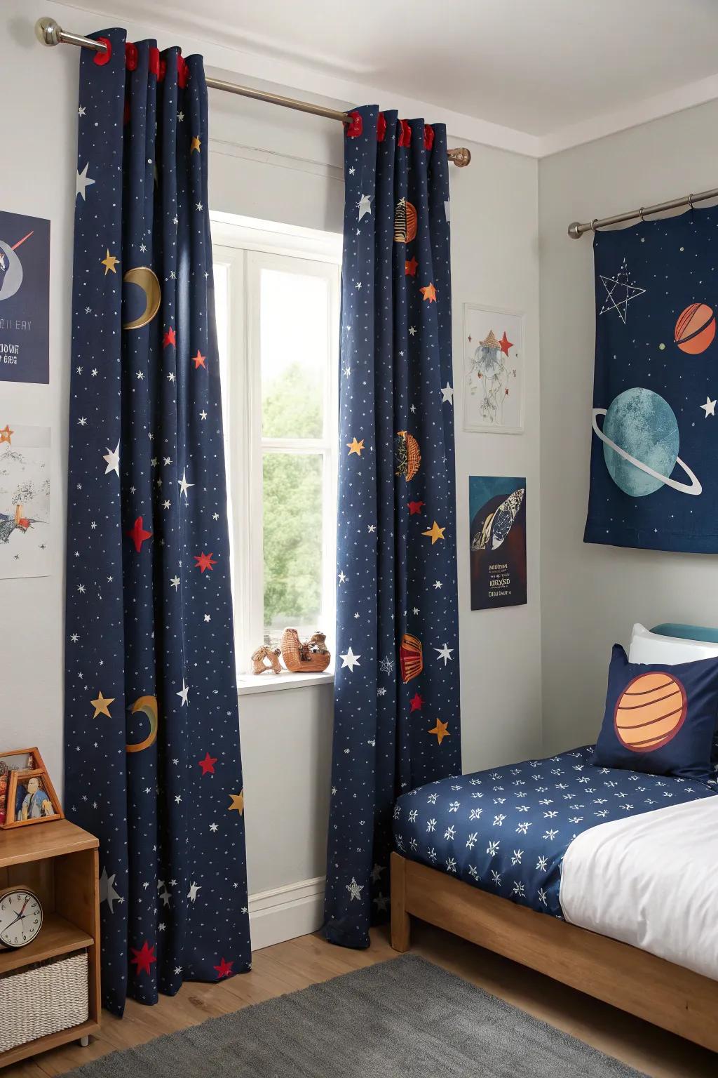 Cosmic curtains complete the aesthetic while delivering practical advantages.