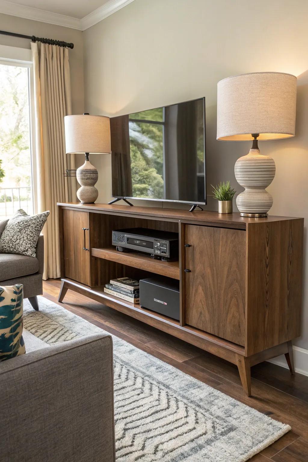Audio bar subtly concealed within a cabinet in the living area.