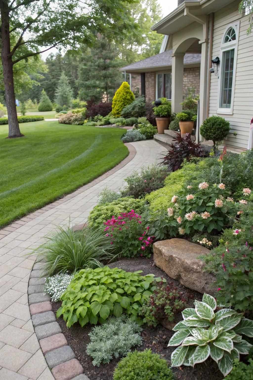 An inviting front garden featuring layered plants and ornamental edging.