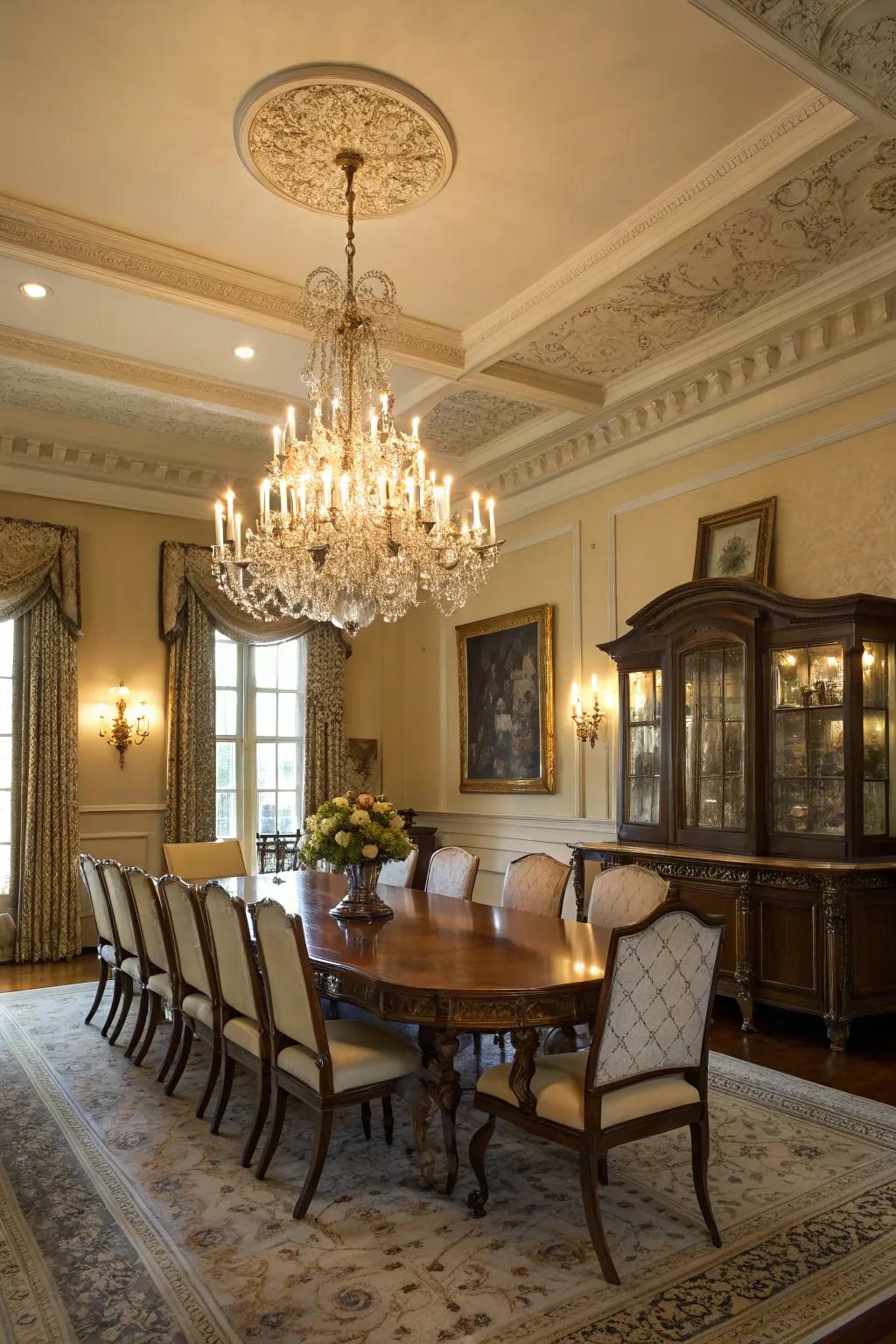 A striking chandelier that introduces sophistication to a Southern dining area.