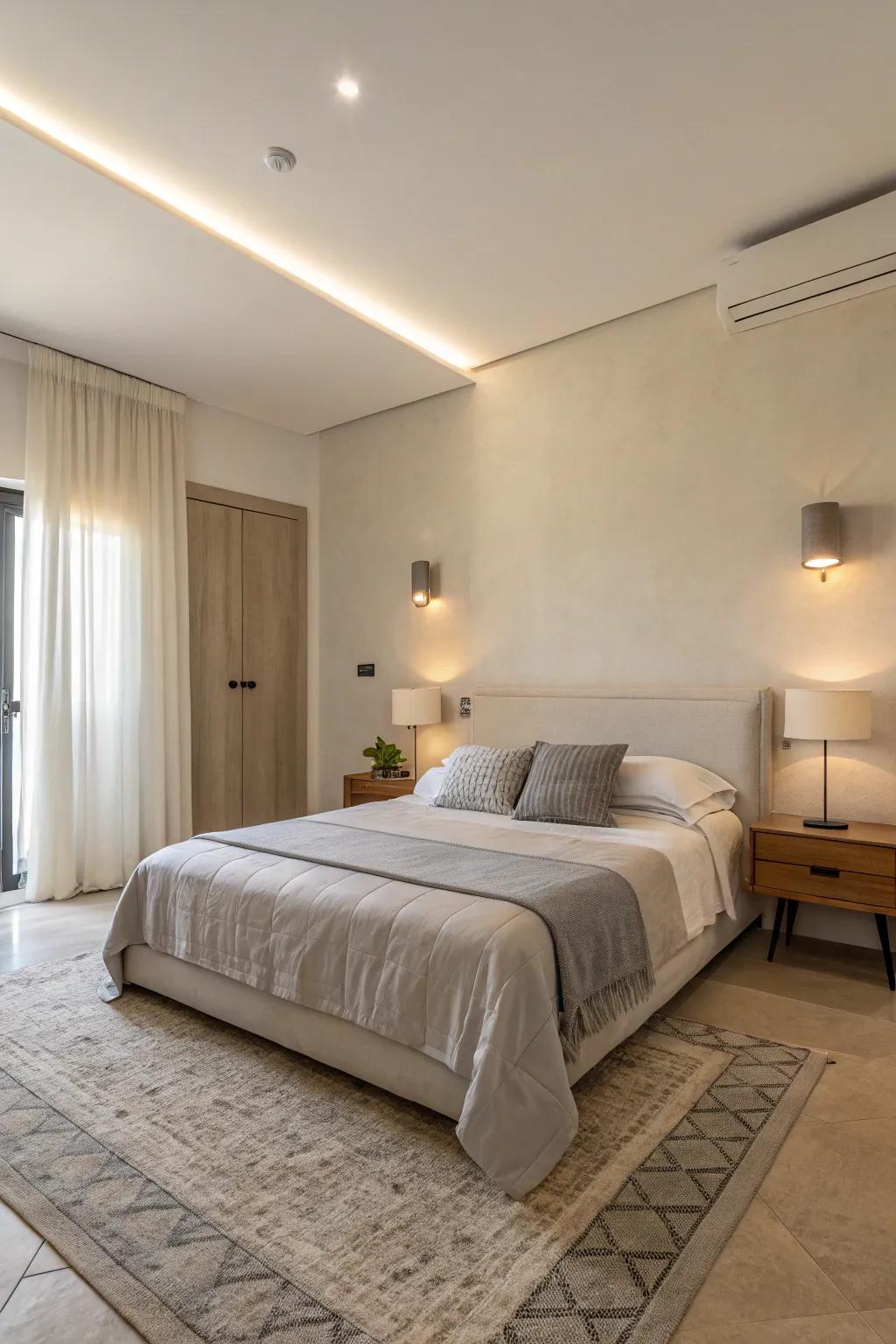 Minimalist design establishes a sense of calm and space in small bedrooms.