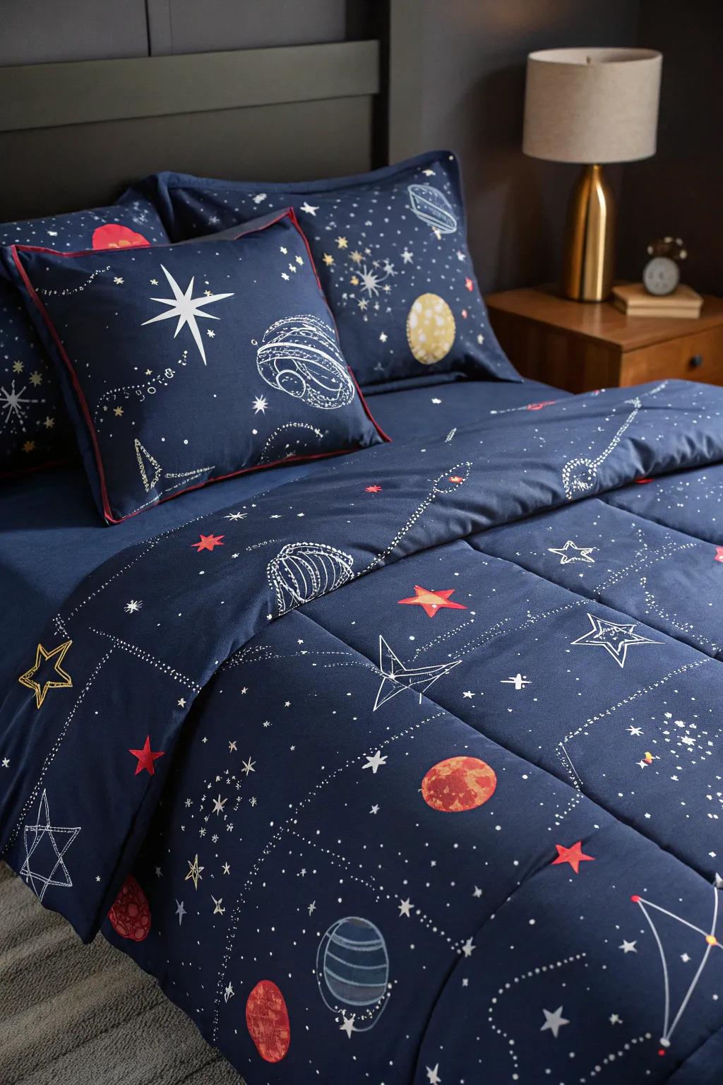 Drift off to dreamland covered with galaxies and constellations with stellar patterned beddings.