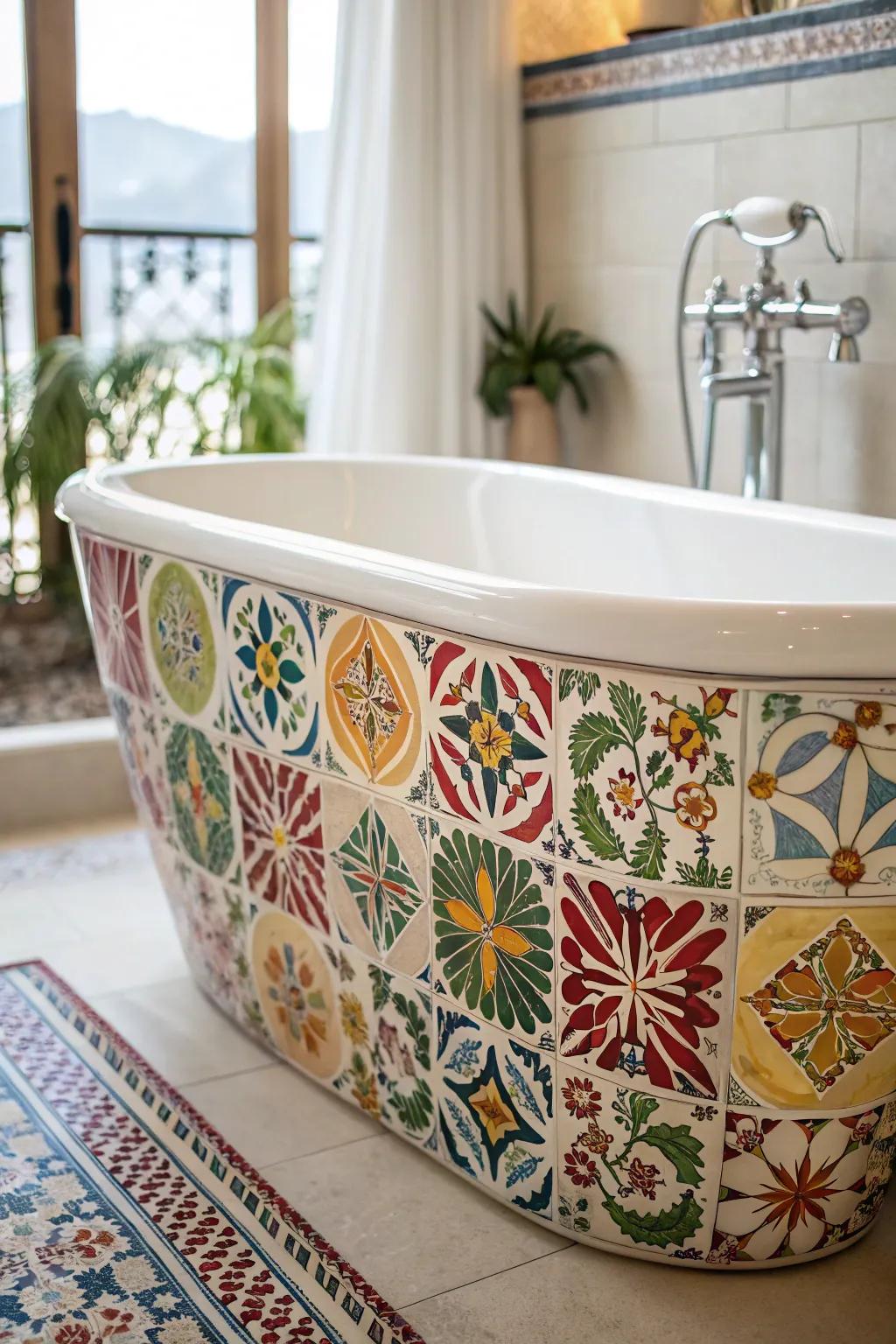 A standalone tub offers an opulent feel amidst Spanish decor.