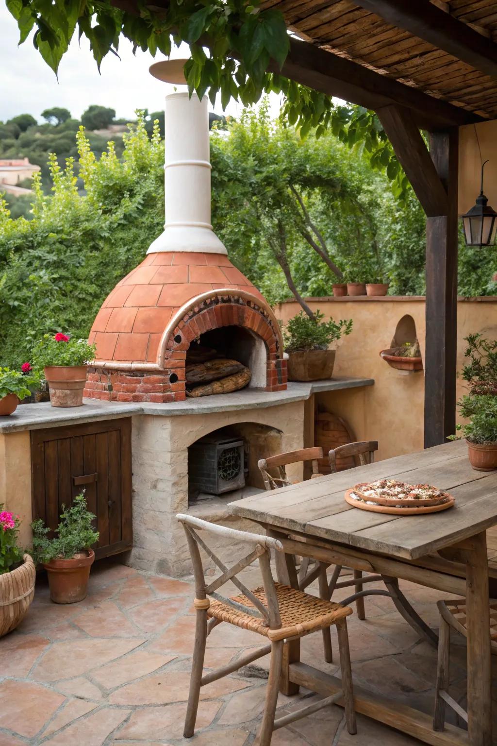 A classic wood-burning oven contributes genuine flavor and charm to this outdoor kitchen.