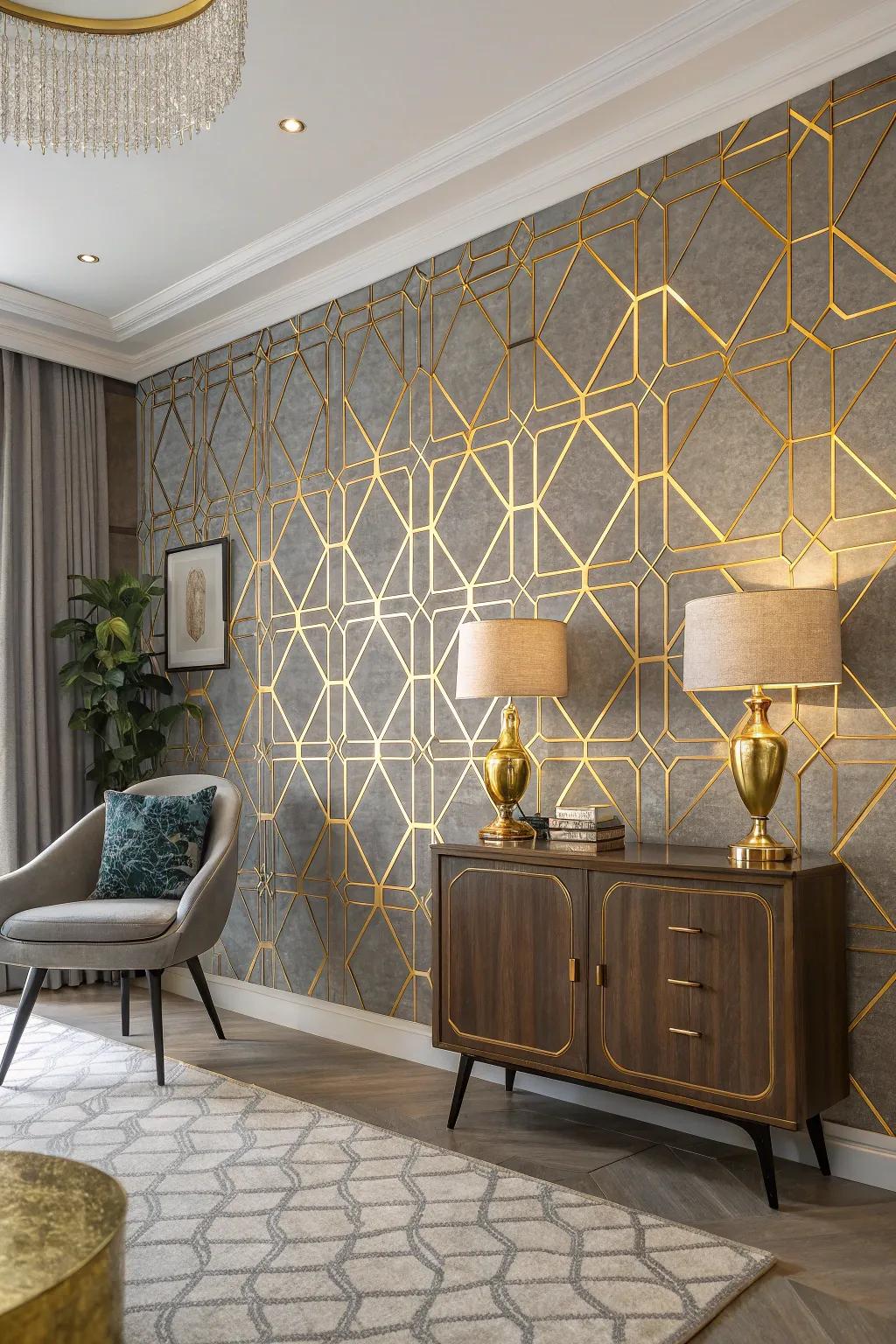 Art Deco patterns and gold accents enhance the space with refinement.
