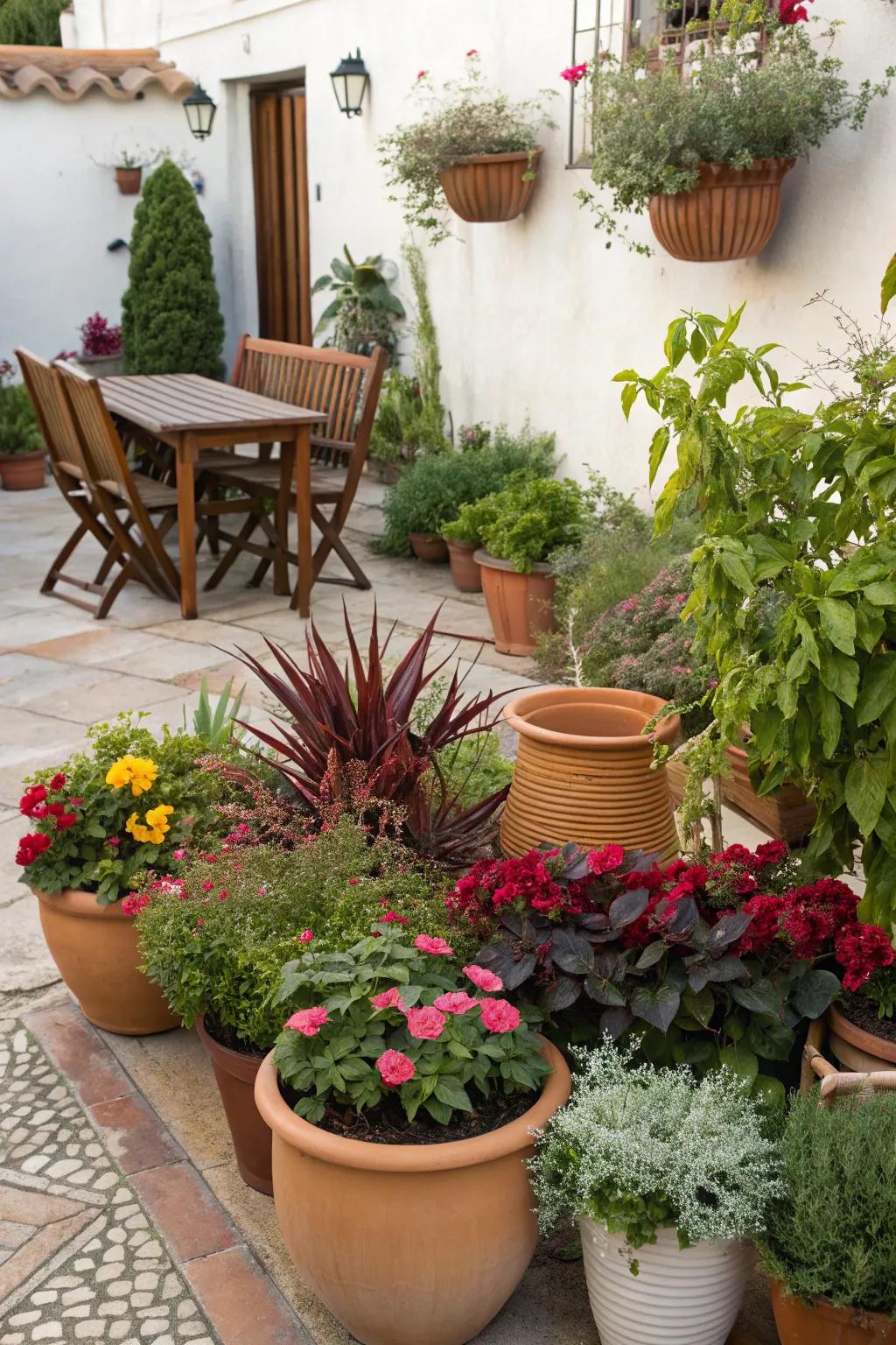 A collection of container plants incorporates a burst of hue and flair to any patio.