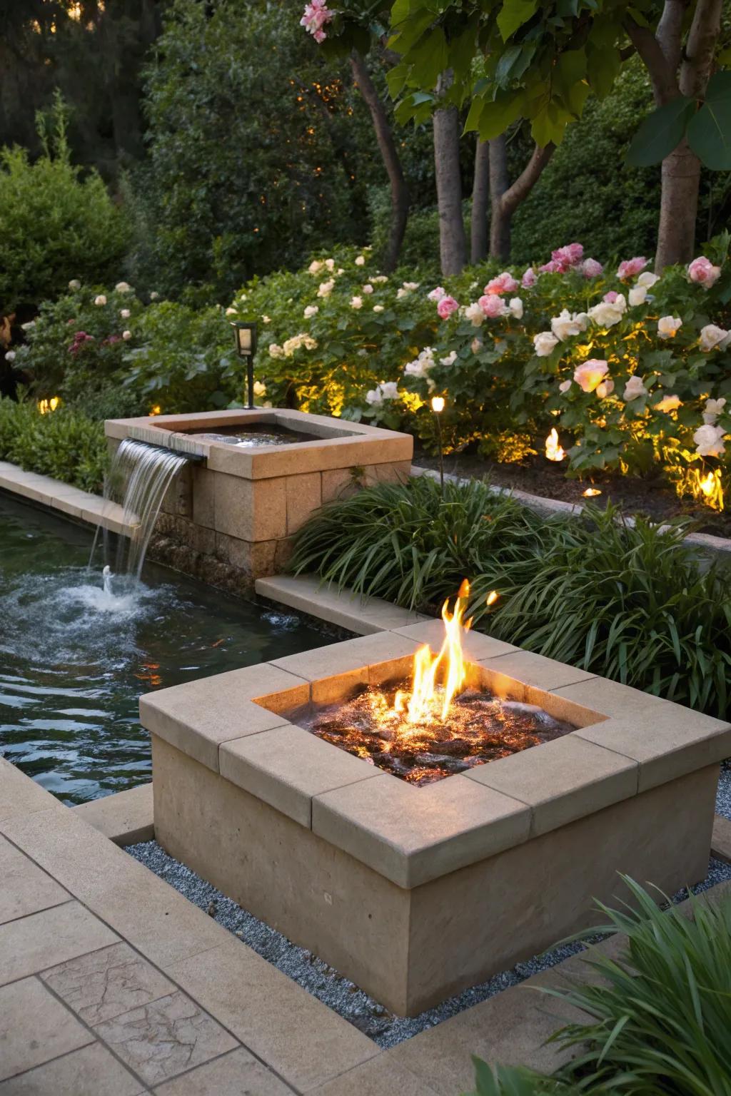 Fusing fire and water generates a mesmerizing outdoor feature.