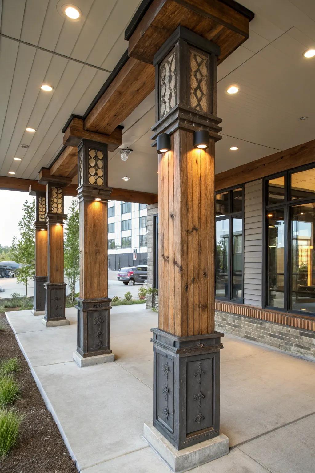 A blend of materials in upright posts offers a modern, industrial appeal.