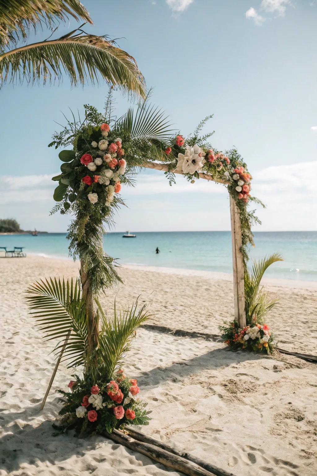 An equatorial-themed square arch, perfect for seaside weddings.