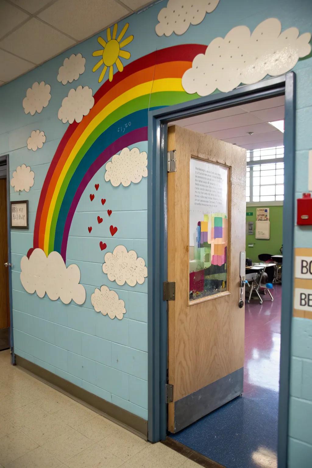 A classroom door graced with clouds and a rainbow, bestowing luck from above.