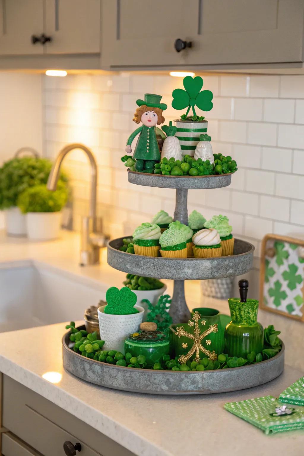 A tiered display brimming with St. Patrick's Day ornaments.