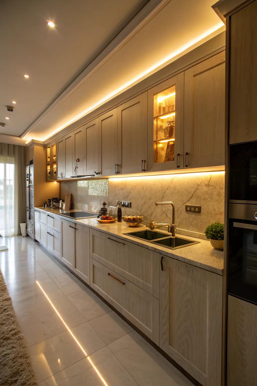 Integrated lighting introduces warmth and grace to your kitchen space.