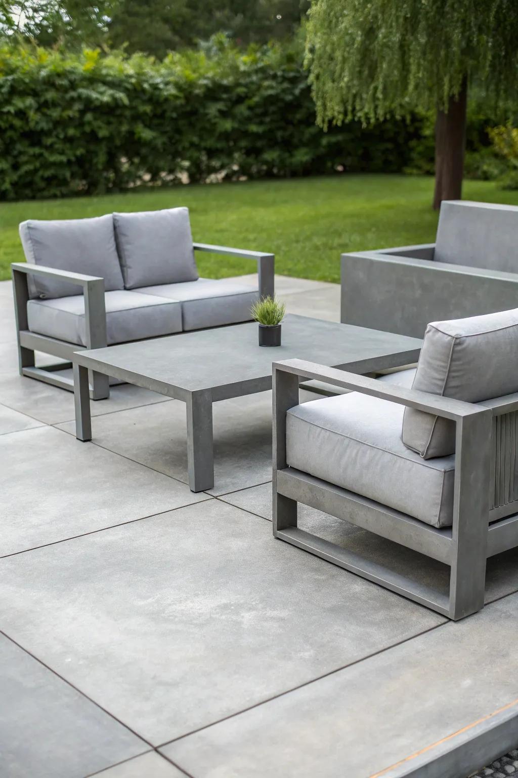 A chic patio with gray-stained concrete and modern furniture.