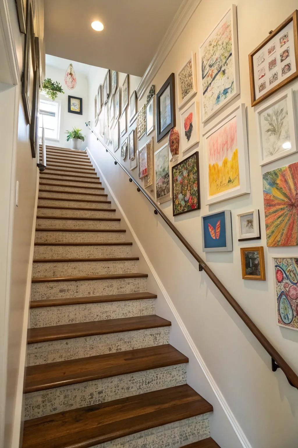 Your stair landing can be infused with personality and style by artistic wall displays.