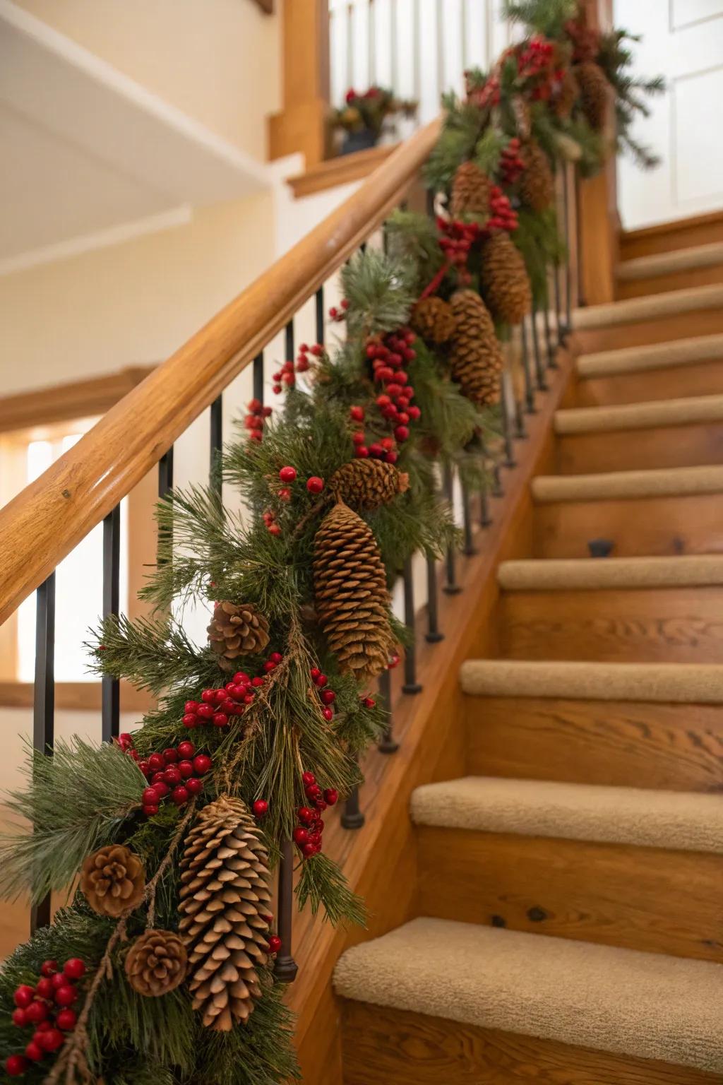 Authentic pine cones and berries bring a rustic charm.