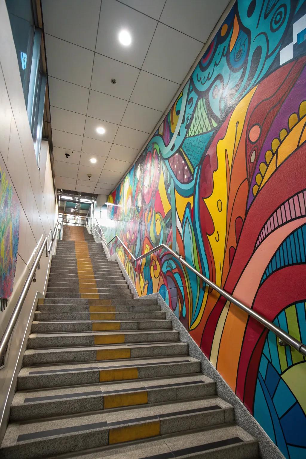 Use abstract art on your stairway to make a statement.