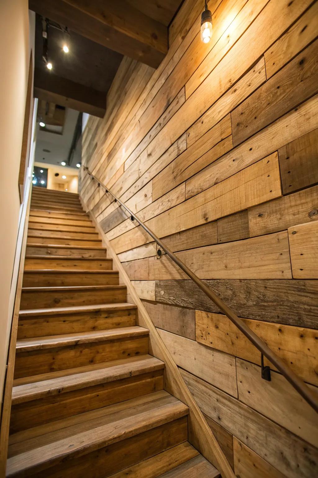 Rustic charm with reclaimed wood cladding for your stairway.