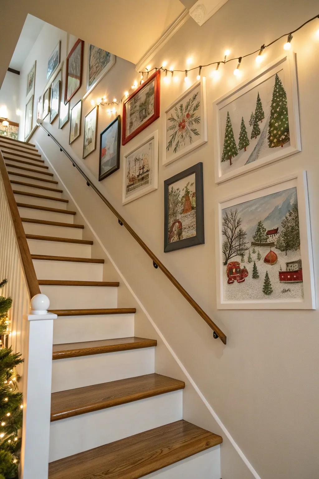 Seasonal prints bring a festive vibe to the stairway exhibition wall.