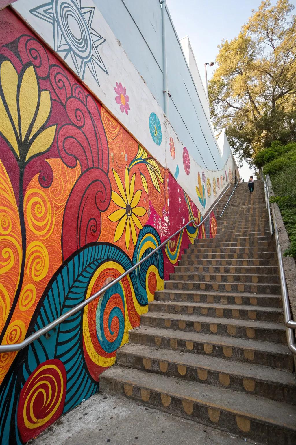 Striking colors infuse the stairway surface with vitality.