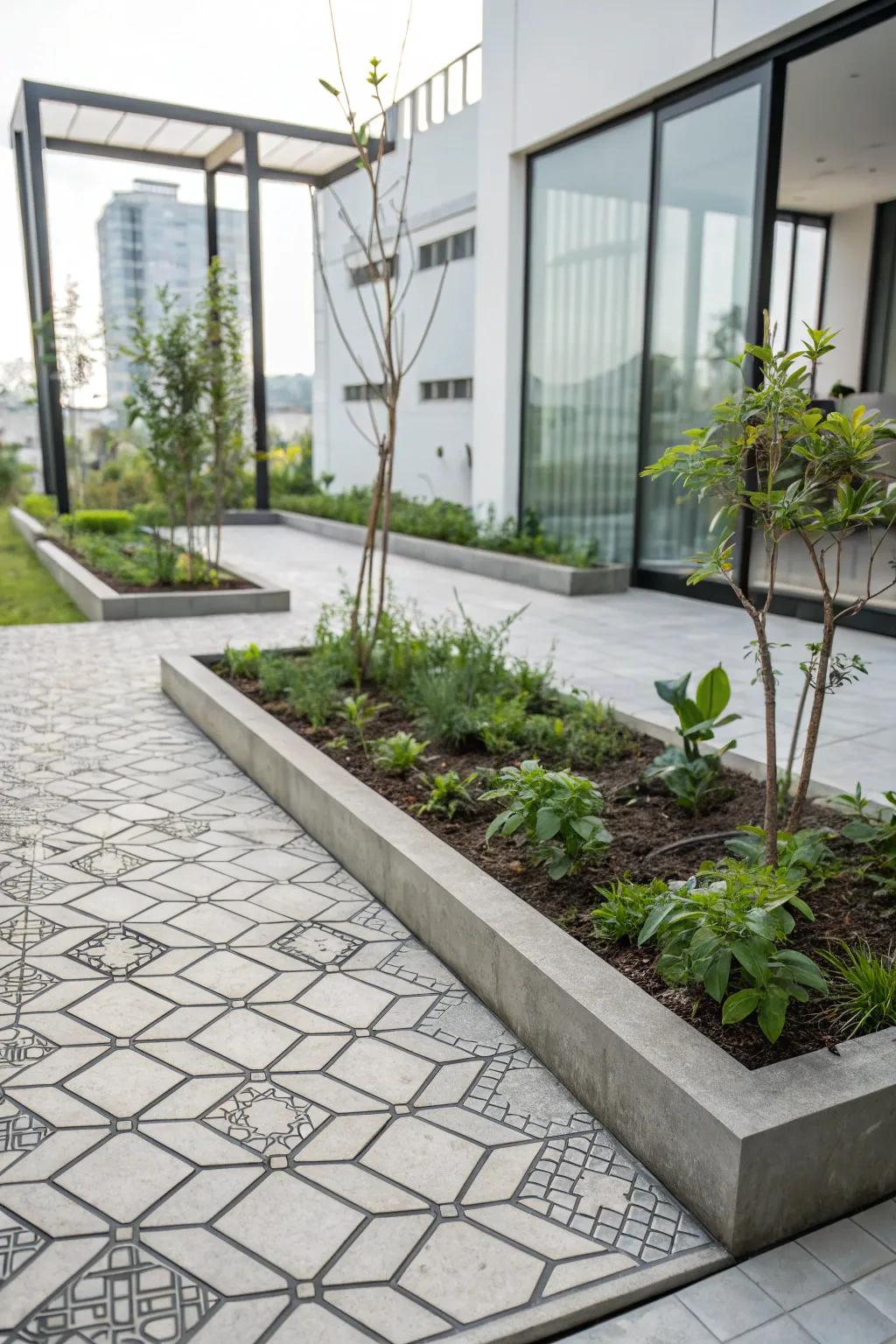 Modern garden with a geometric pattern stamped concrete border