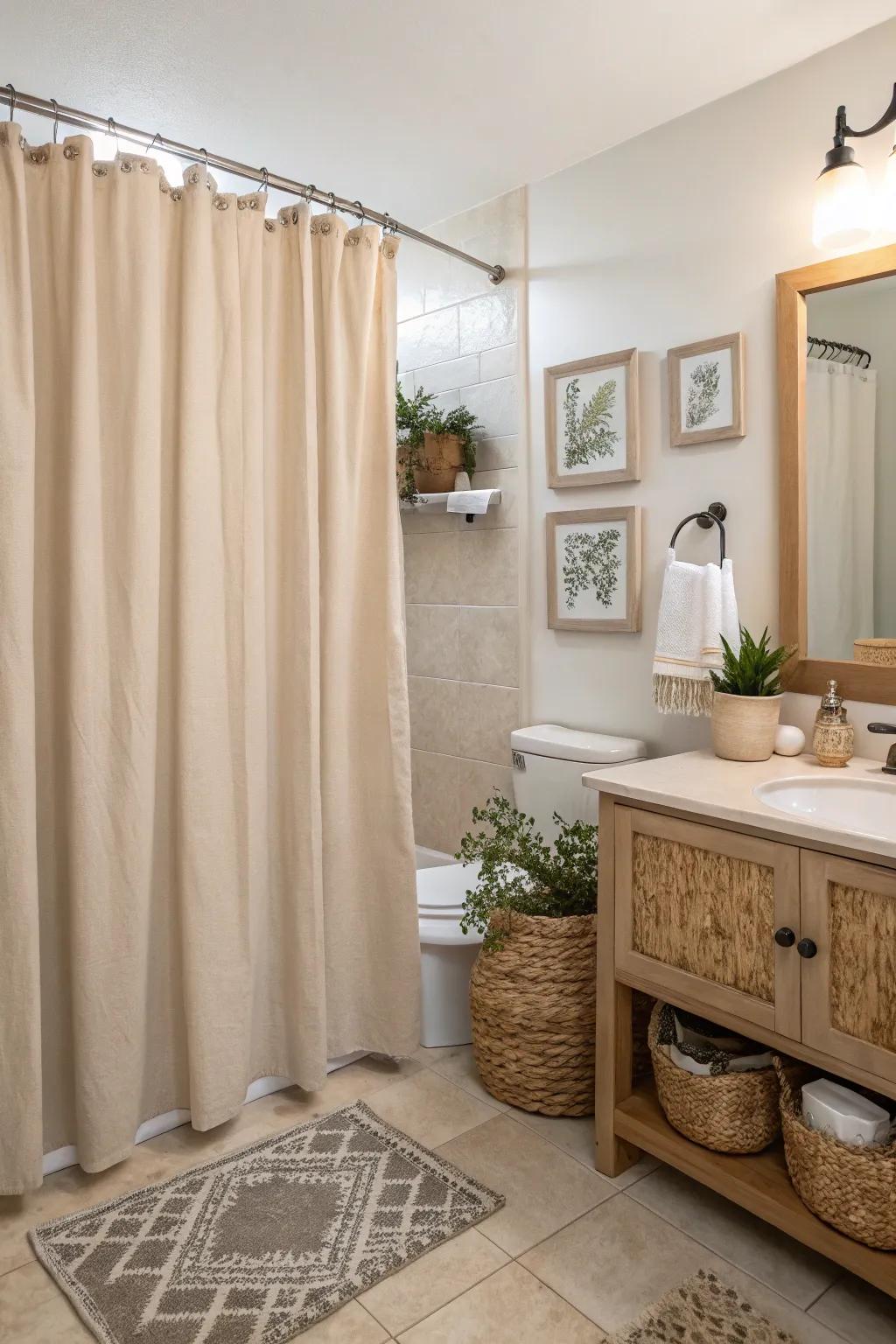 Muted tones offer a soothing and exquisite bathroom vibe.