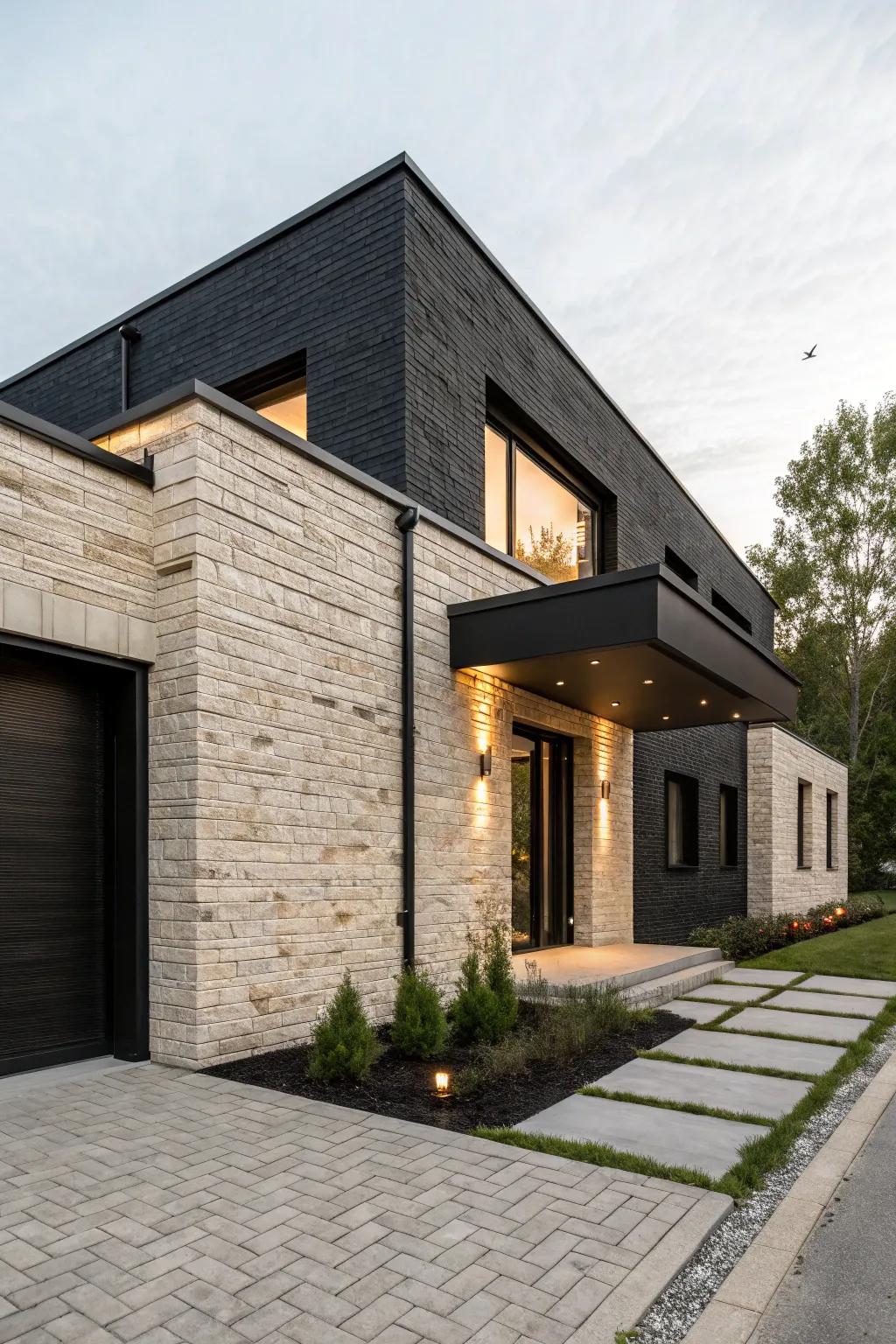 Dramatic sophistication with midnight brick and pale stone.