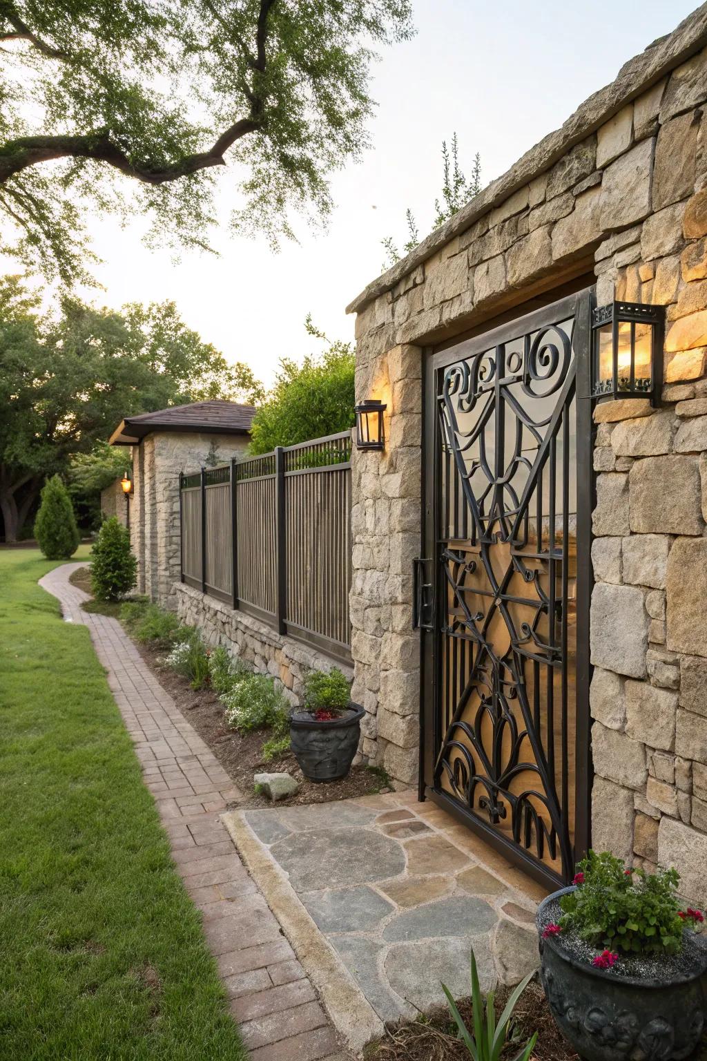 A rustic stone wall enhanced with sleek modern ironwork, creating a striking visual appeal.