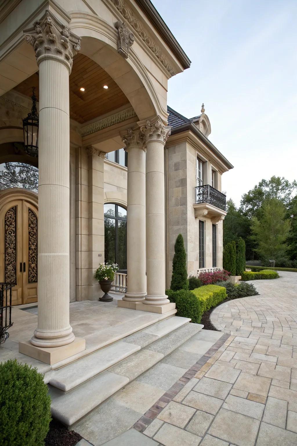 A breathtaking home entrance showcasing majestic stone pillars.